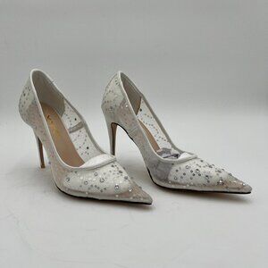 XYD White High Heels Pumps Rhinestones Mesh Slip On Pointed Toe Evening Shoes